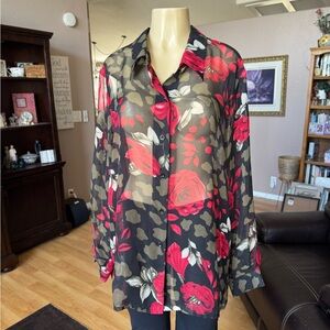 Modern Essentials sheer black floral long sleeve button up blouse-size 24W